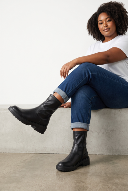Women's black chunky biker ankle boots with side zips and lugged soles