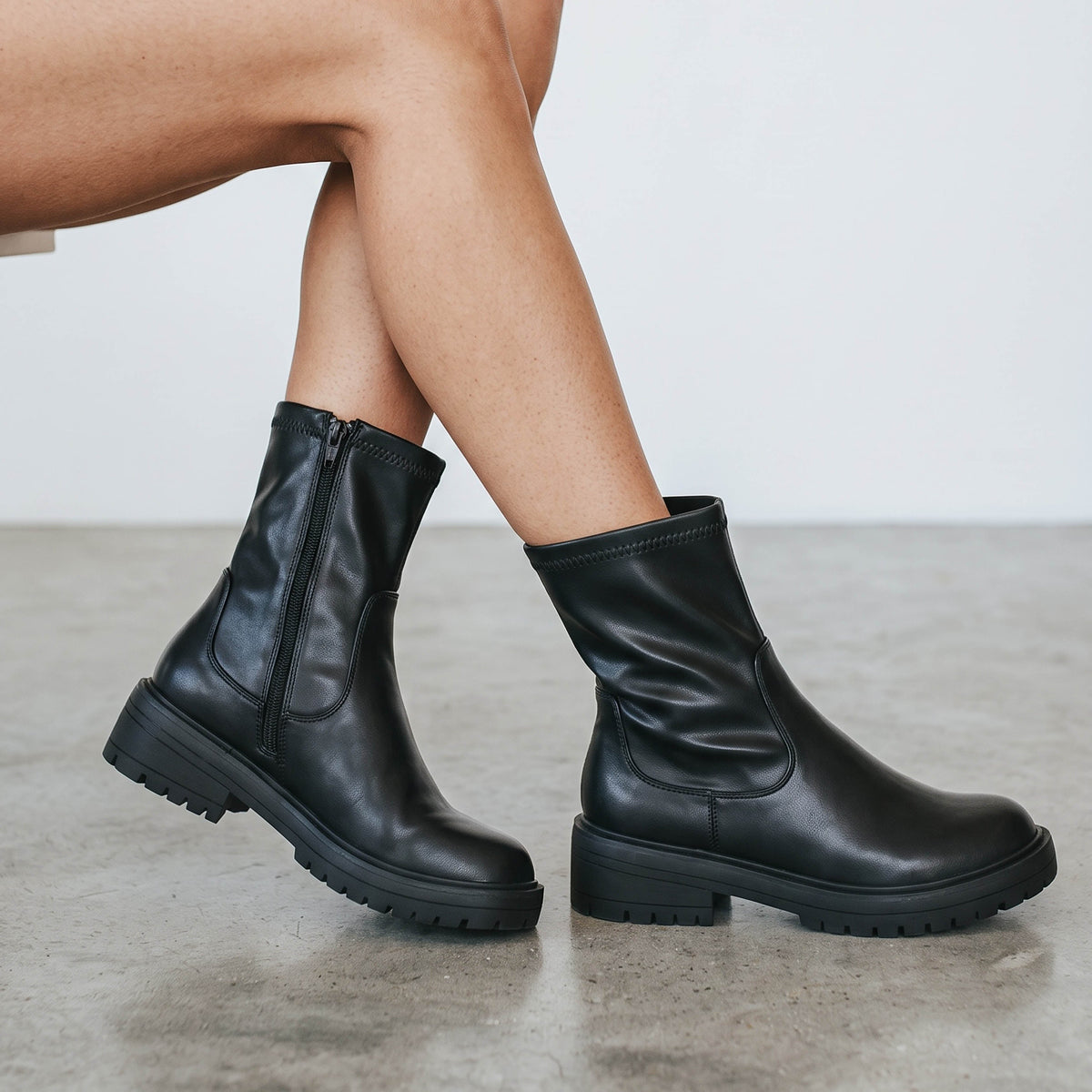 Women's black chunky biker ankle boots with side zips and lugged soles