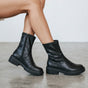 Women's black chunky biker ankle boots with side zips and lugged soles
