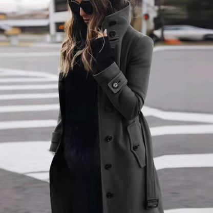 Women's knee-length button-front coat with stand collar and flap pockets