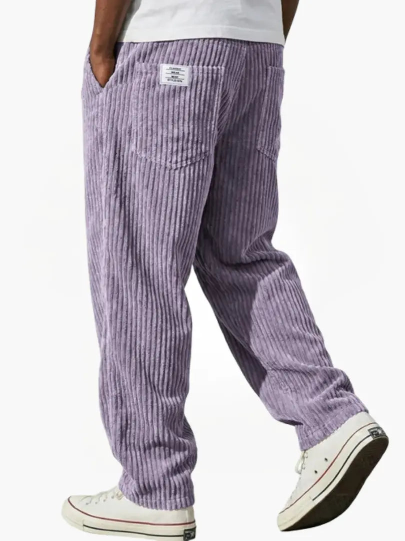 Men's wide leg ribbed corduroy pants with elastic waist and side pockets