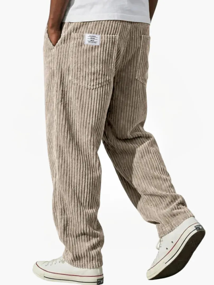 Men's wide leg ribbed corduroy pants with elastic waist and side pockets