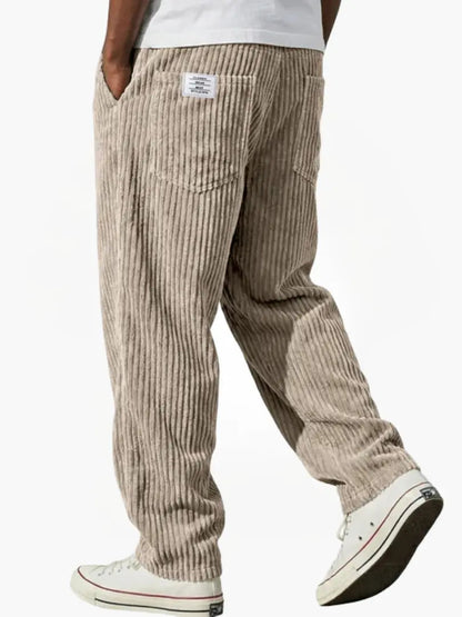 Men's wide leg ribbed corduroy pants with elastic waist and side pockets
