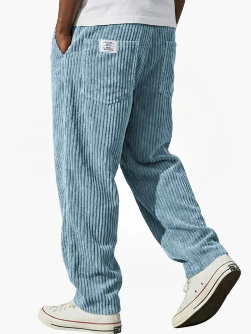 Men's wide leg ribbed corduroy pants with elastic waist and side pockets