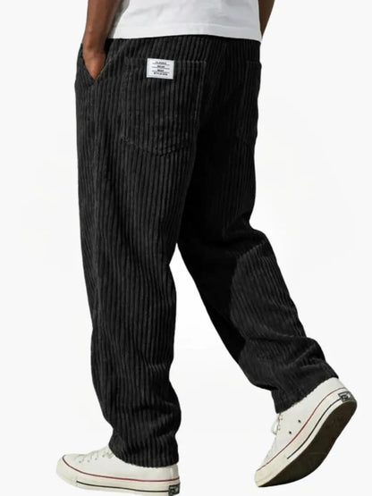 Men's wide leg ribbed corduroy pants with elastic waist and side pockets