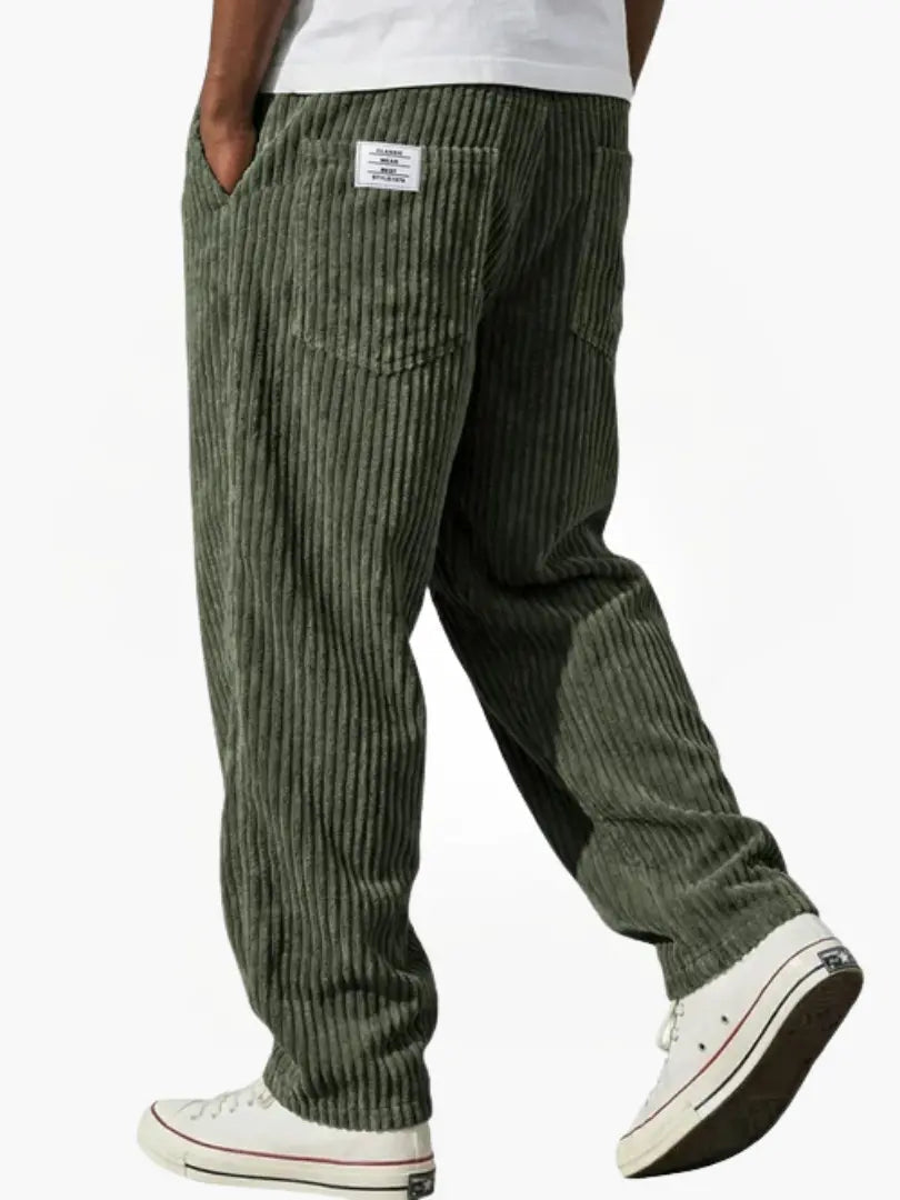 Men's wide leg ribbed corduroy pants with elastic waist and side pockets