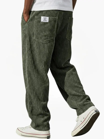 Men's wide leg ribbed corduroy pants with elastic waist and side pockets