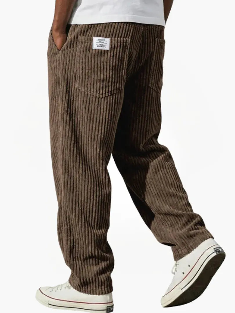 Men's wide leg ribbed corduroy pants with elastic waist and side pockets