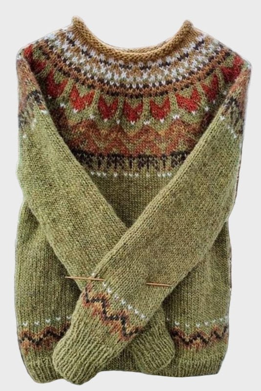 Women's olive green vintage patterned sweater with long sleeves