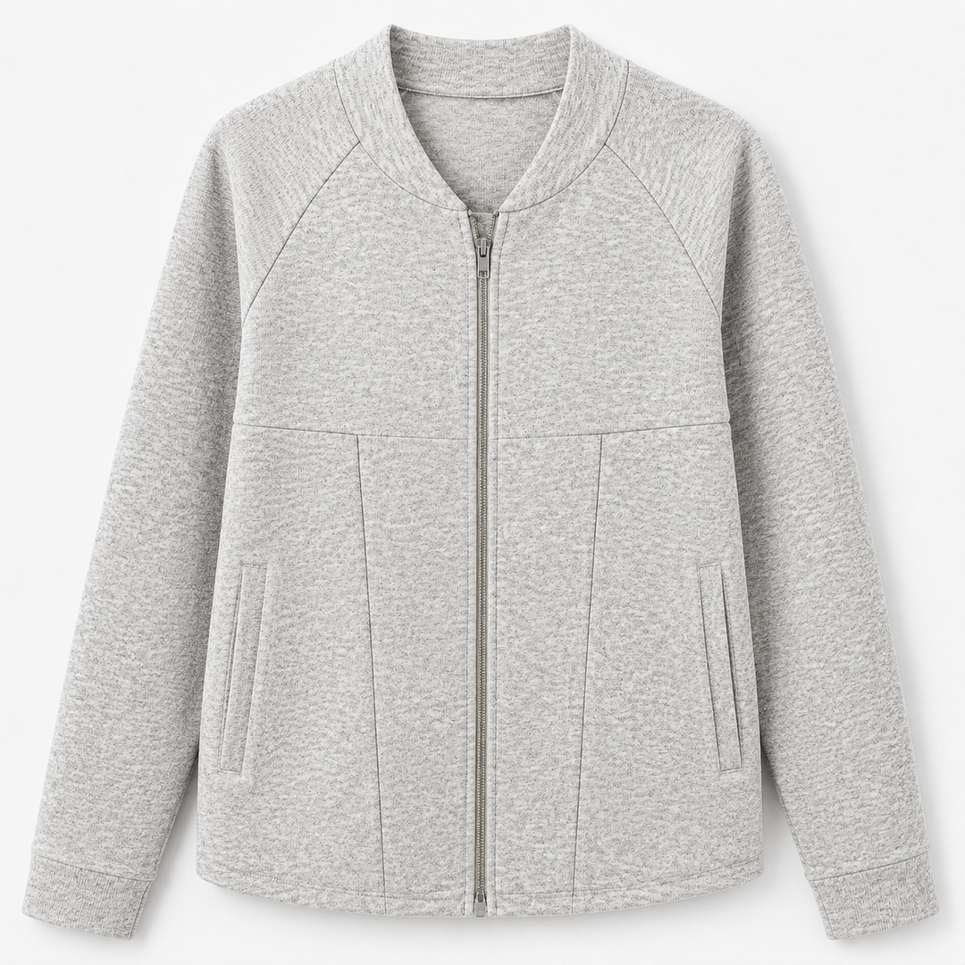 Women's knit bomber cardigan with zip front, long sleeves and patch pockets