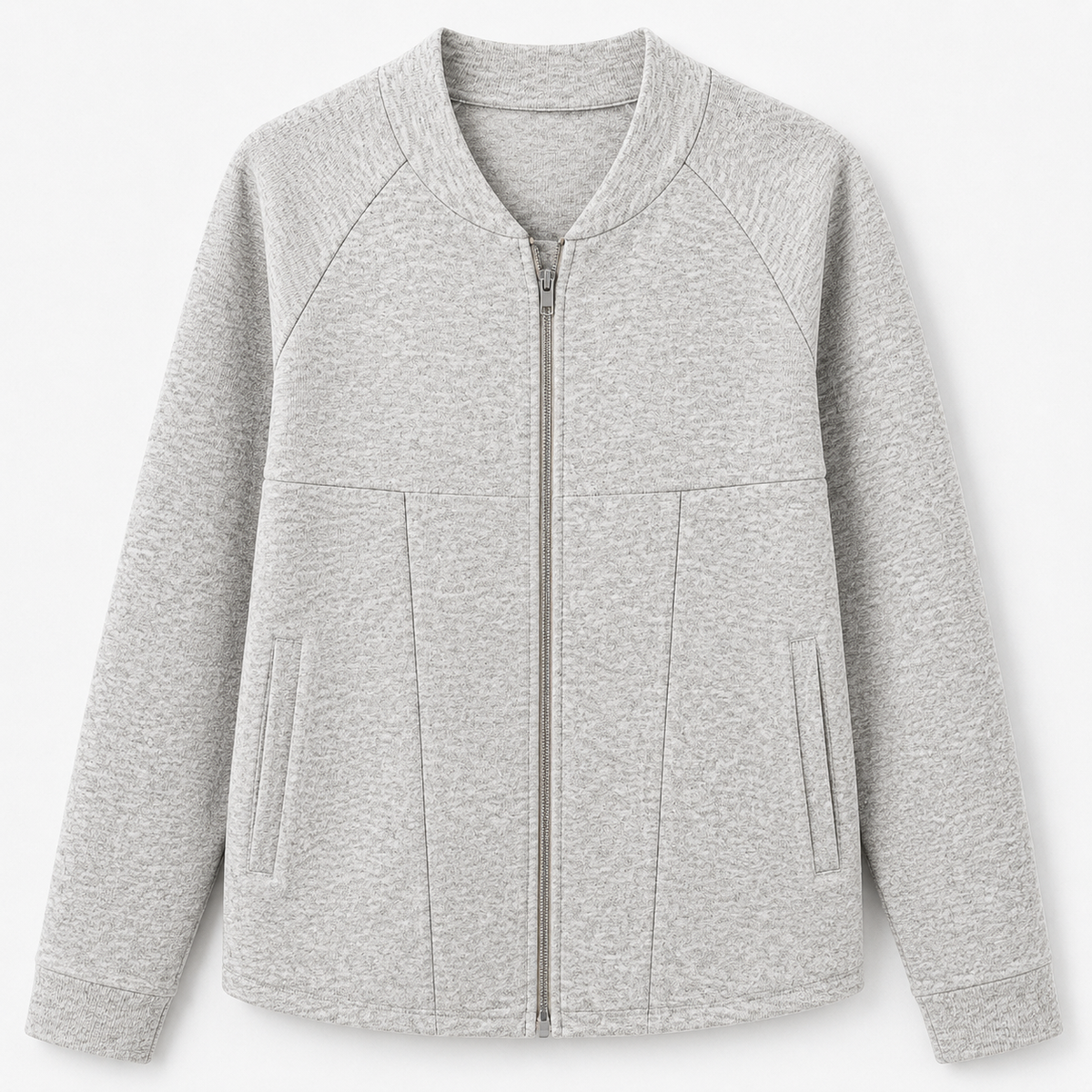 Women's knit bomber cardigan with zip front, long sleeves and patch pockets