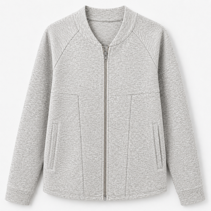 Women's knit bomber cardigan with zip front, long sleeves and patch pockets