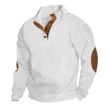 Men's textured knit pullover with mock neck, button placket and elbow patches