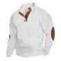 Men's textured knit pullover with mock neck, button placket and elbow patches