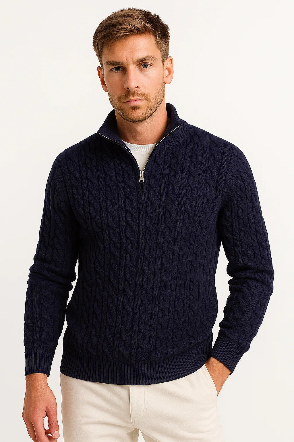 Men's cable knit half zip sweater with funnel neck
