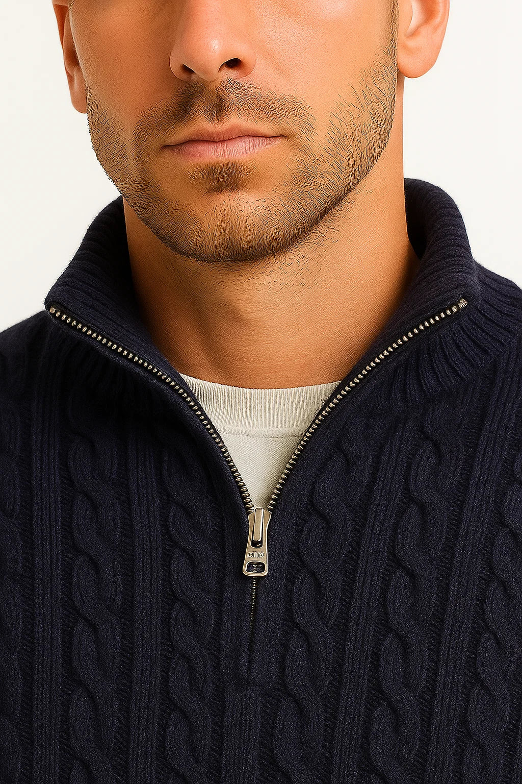 Men's cable knit half zip sweater with funnel neck