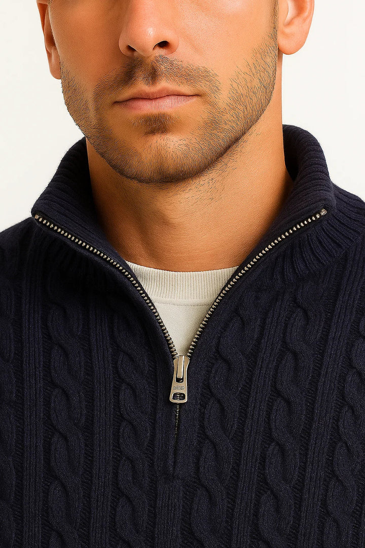Men's cable knit half zip sweater with funnel neck