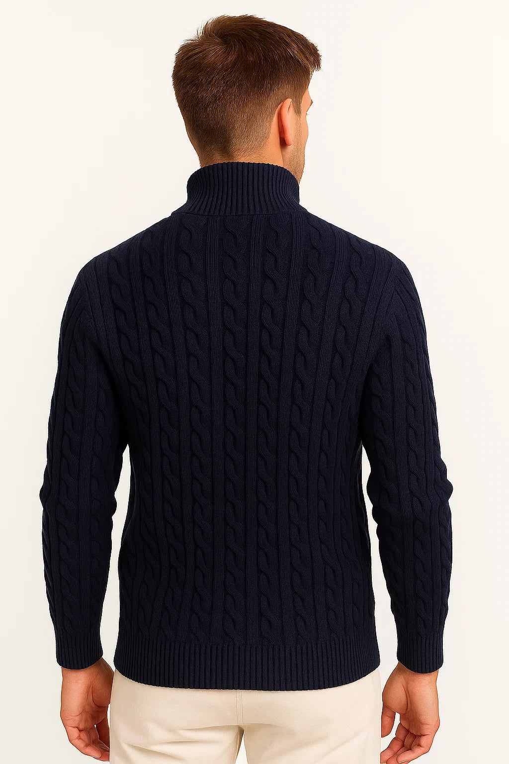 Men's cable knit half zip sweater with funnel neck