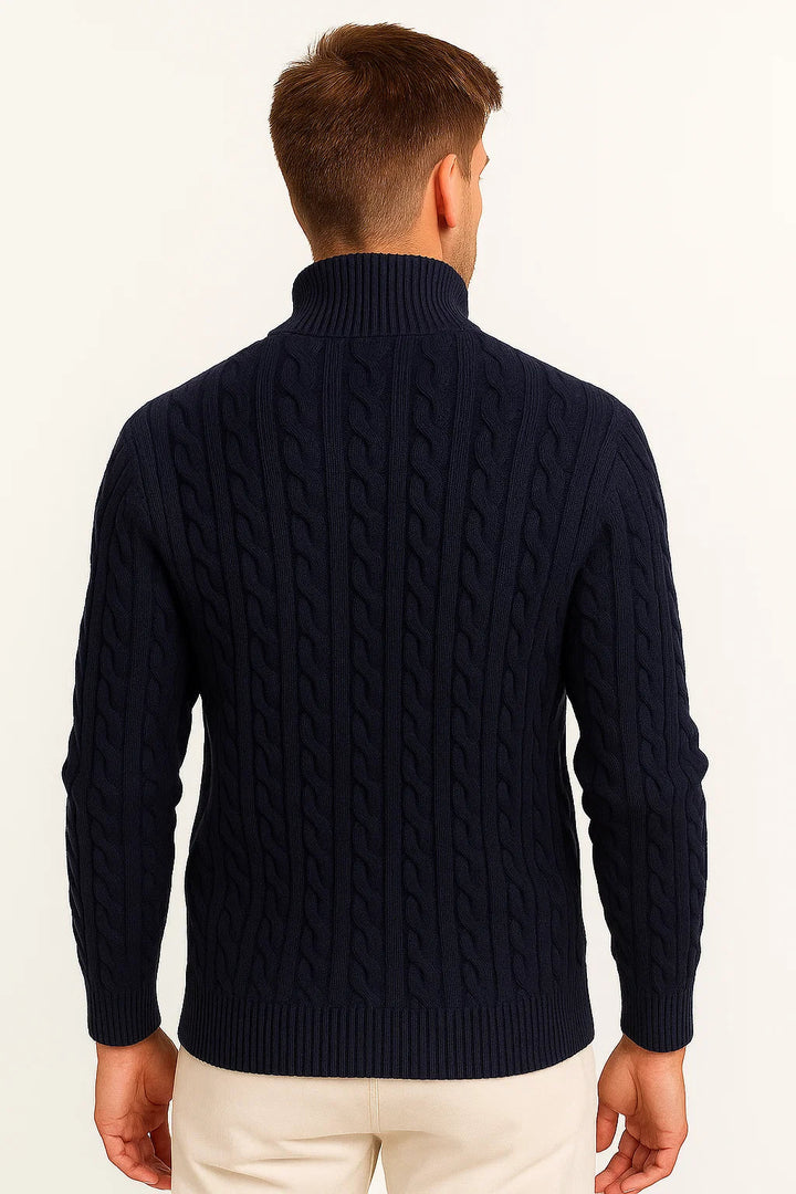 Men's cable knit half zip sweater with funnel neck