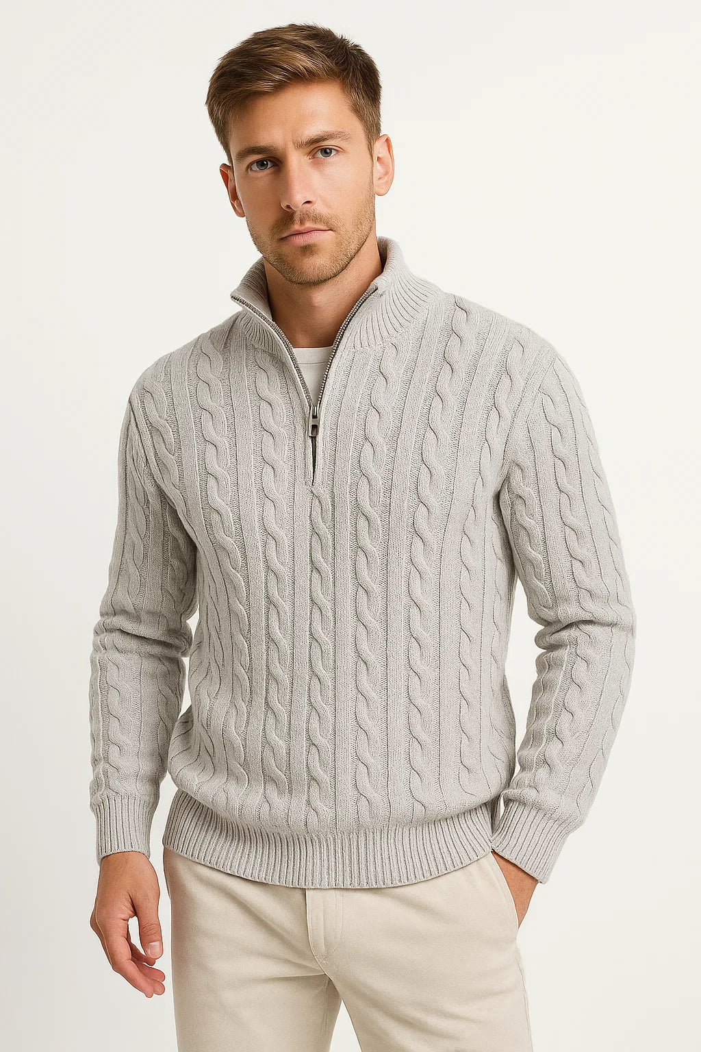 Men's cable knit half zip sweater with funnel neck