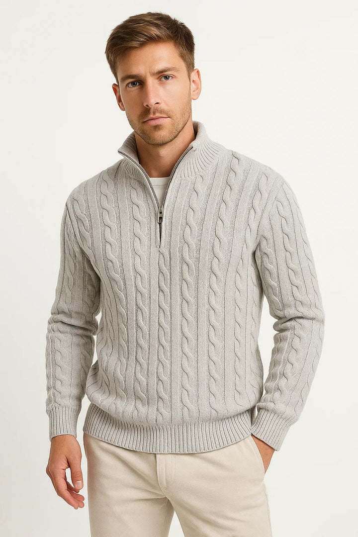 Men's cable knit half zip sweater with funnel neck