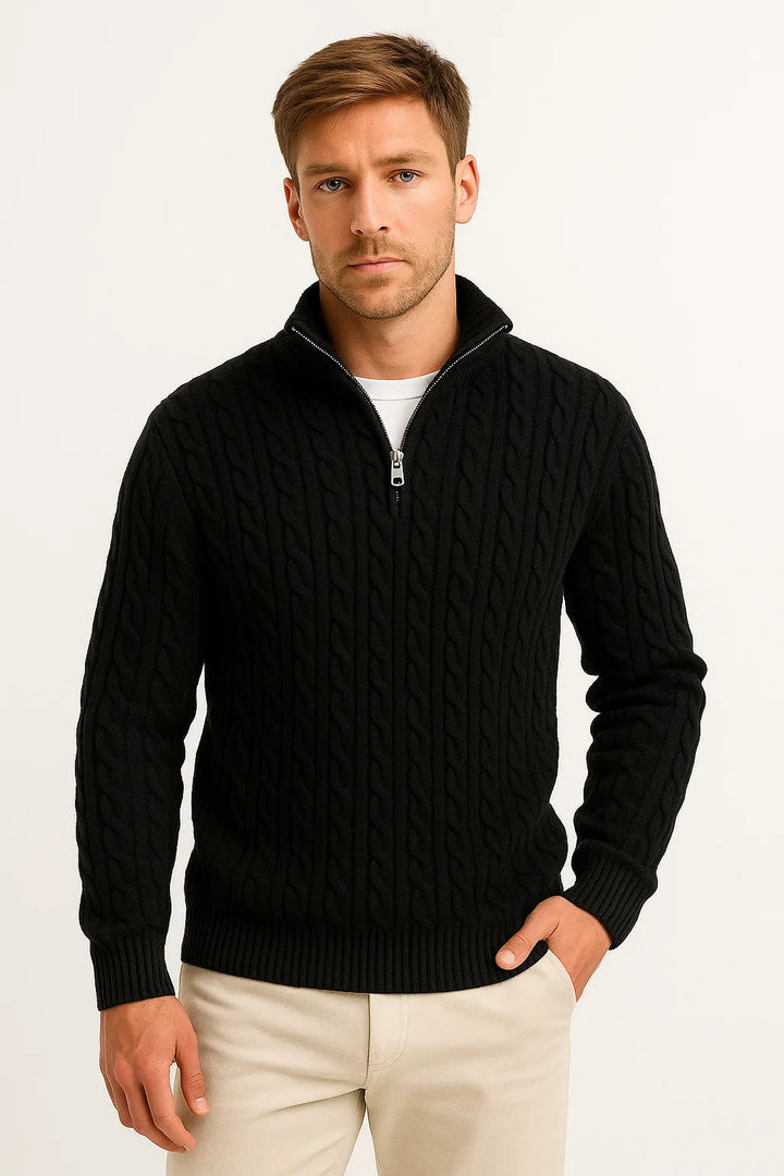 Men's cable knit half zip sweater with funnel neck