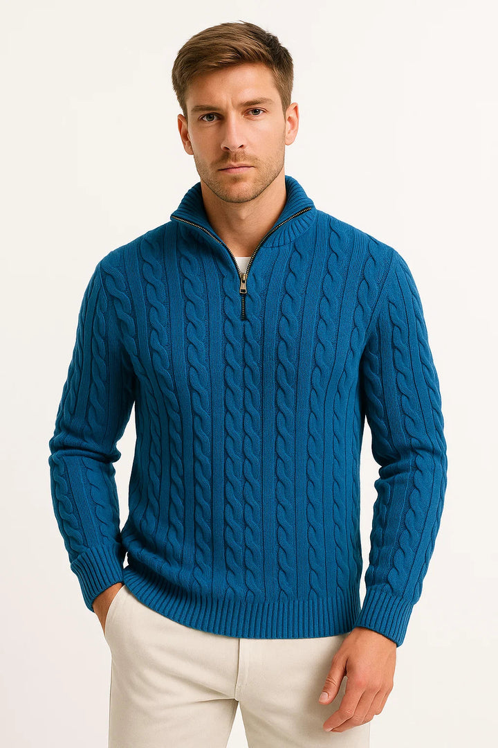 Men's cable knit half zip sweater with funnel neck