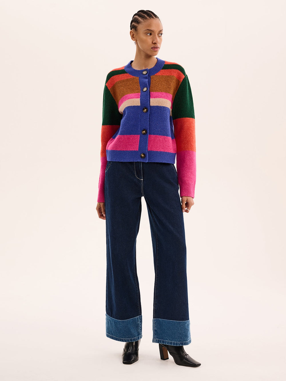 Women's colour-block striped cardigan with long sleeves and button front