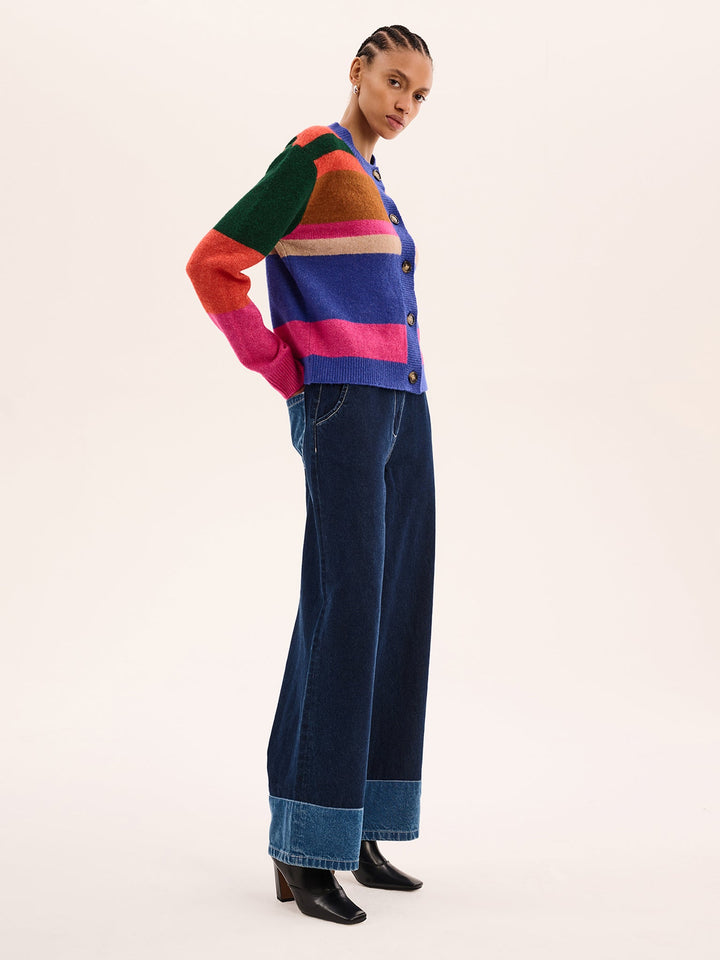 Women's colour-block striped cardigan with long sleeves and button front