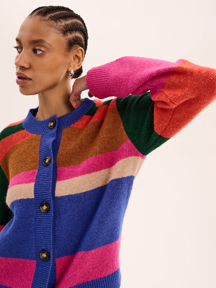 Women's colour-block striped cardigan with long sleeves and button front