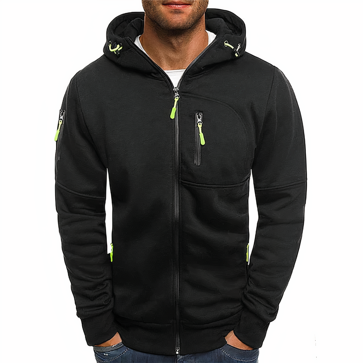 Men's hooded zip-up jacket with long sleeves and multiple zip pockets