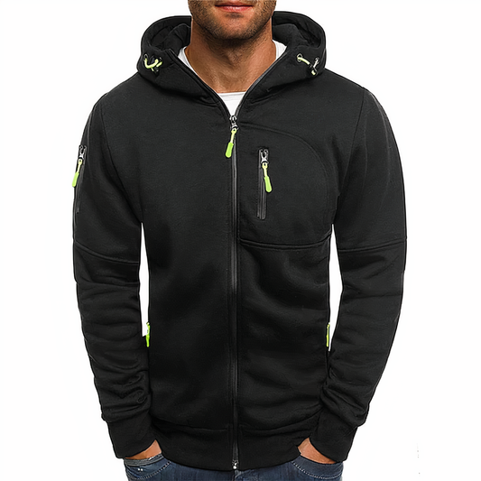 Men's hooded zip-up jacket with long sleeves and multiple zip pockets