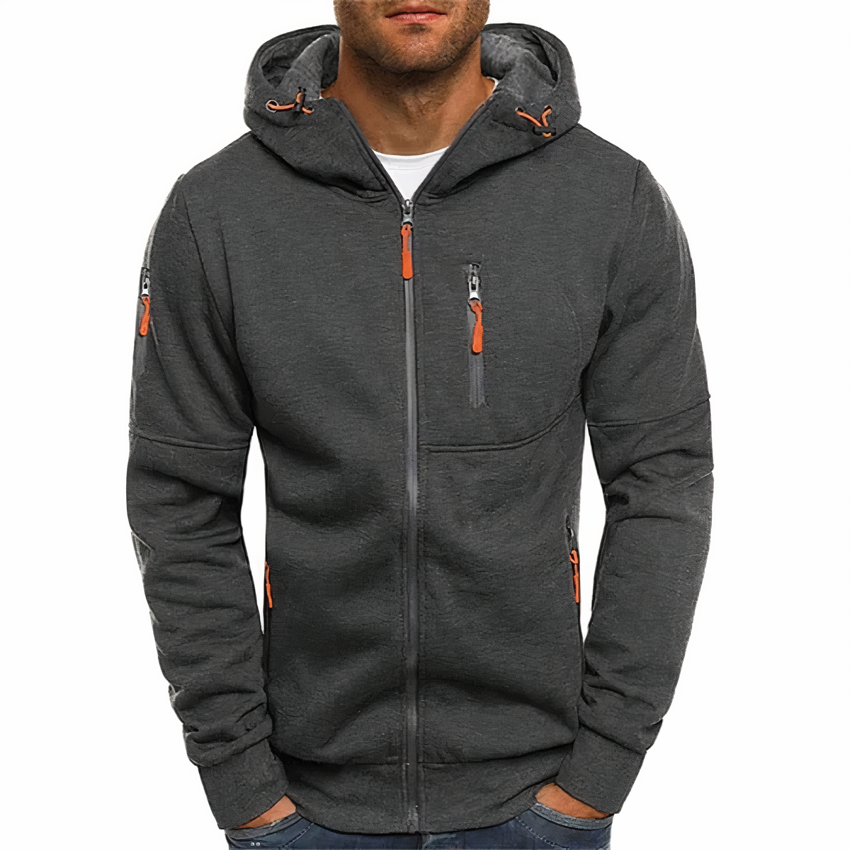 Men's hooded zip-up jacket with long sleeves and multiple zip pockets
