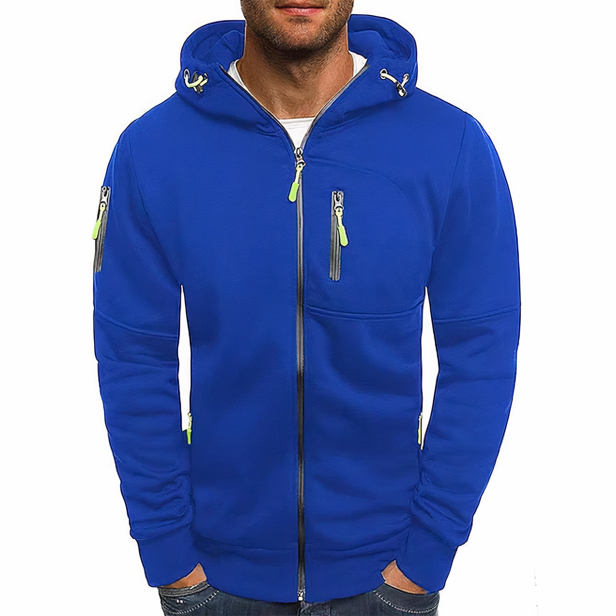 Men's hooded zip-up jacket with long sleeves and multiple zip pockets