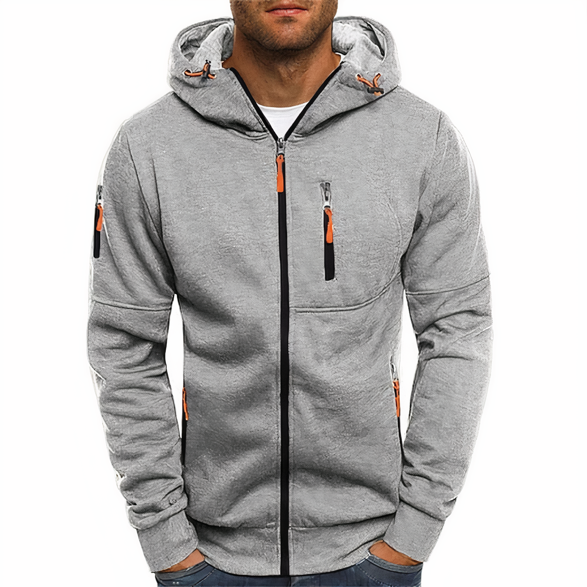 Men's hooded zip-up jacket with long sleeves and multiple zip pockets
