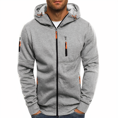 Men's hooded zip-up jacket with long sleeves and multiple zip pockets