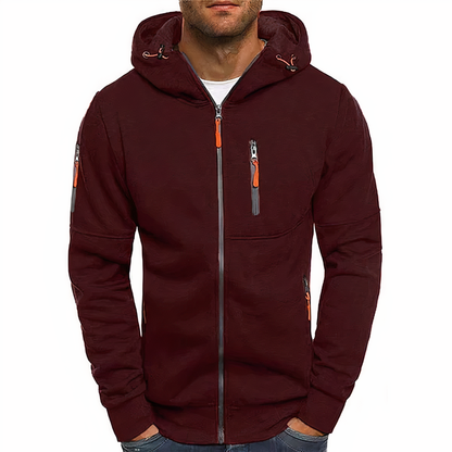 Men's hooded zip-up jacket with long sleeves and multiple zip pockets