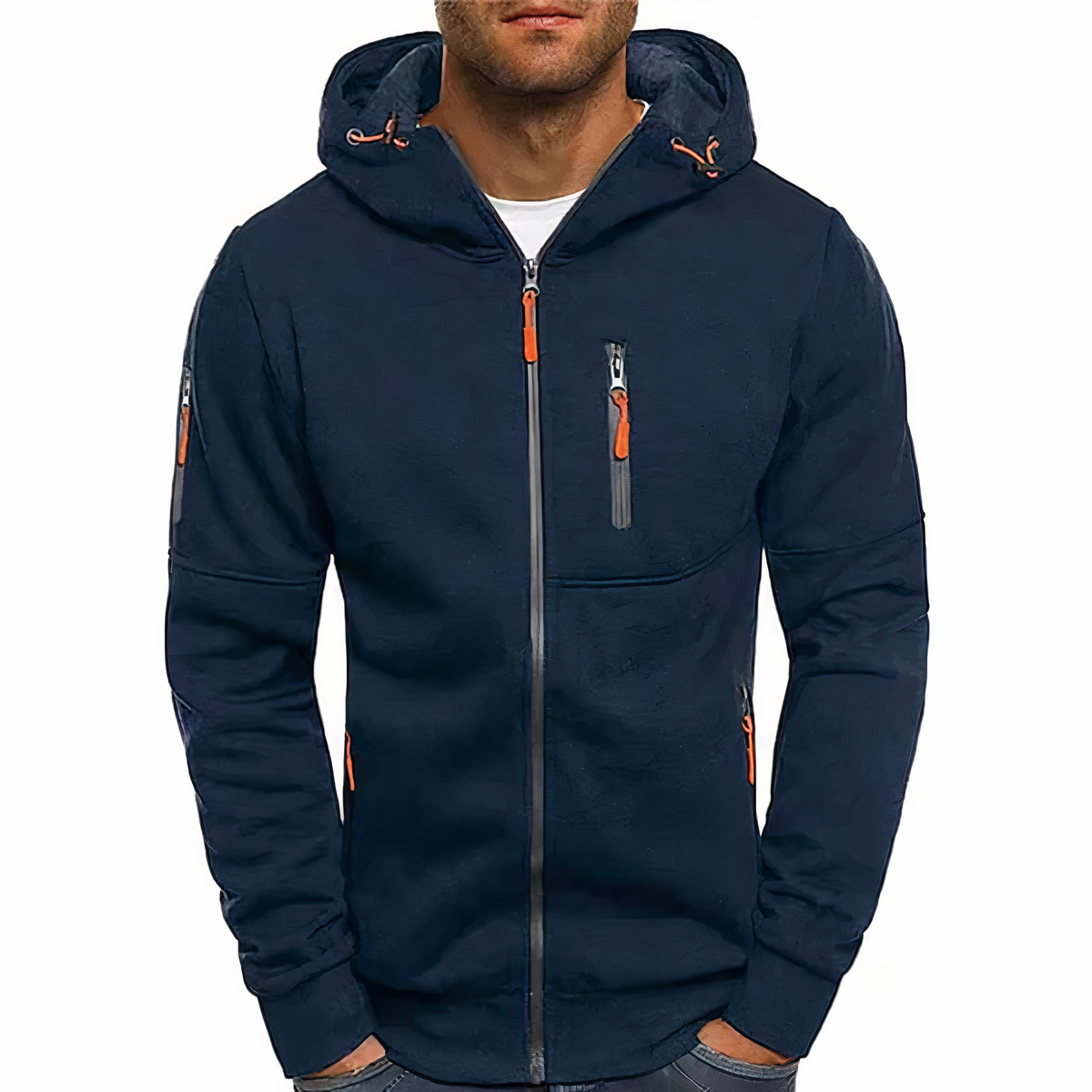 Men's hooded zip-up jacket with long sleeves and multiple zip pockets