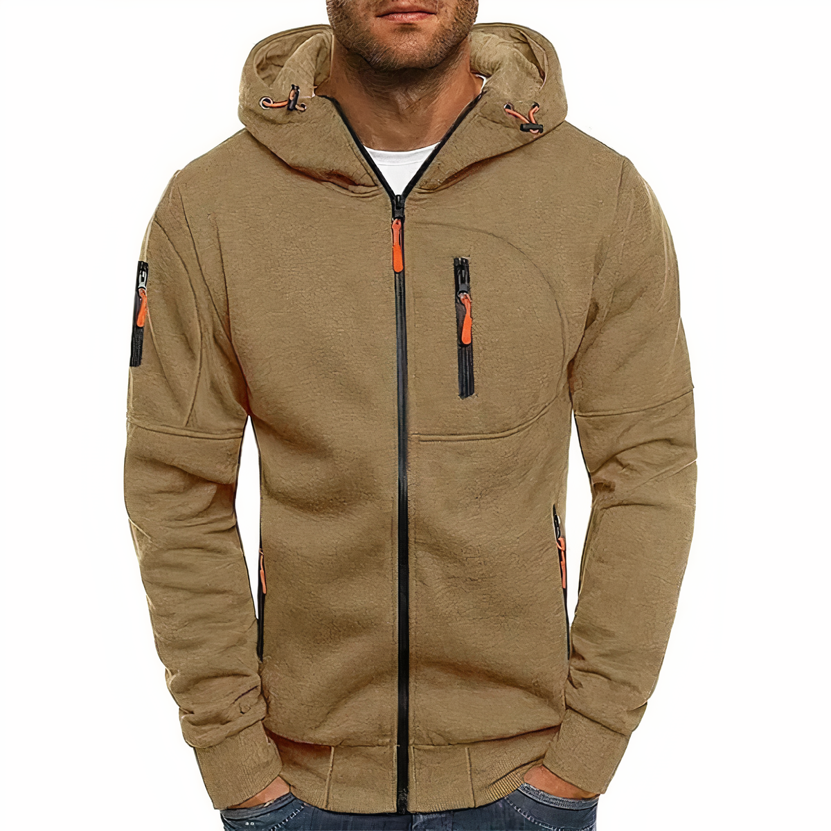 Men's hooded zip-up jacket with long sleeves and multiple zip pockets