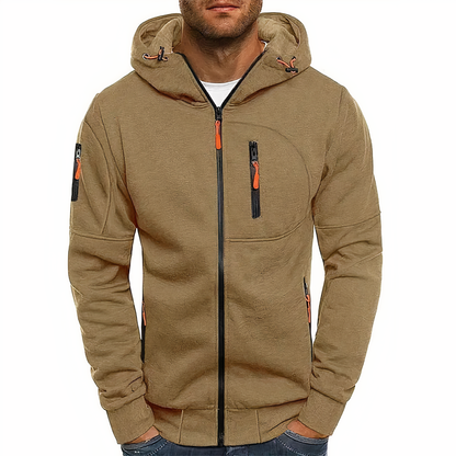 Men's hooded zip-up jacket with long sleeves and multiple zip pockets