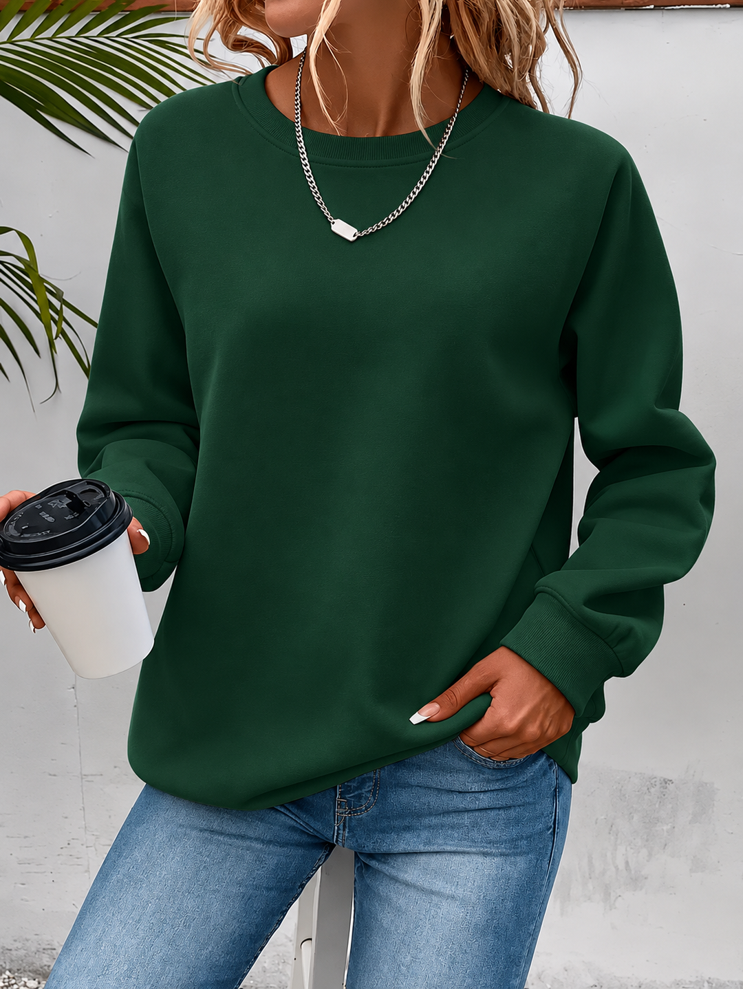 Women's long-sleeve crew neck sweatshirt with ribbed trims