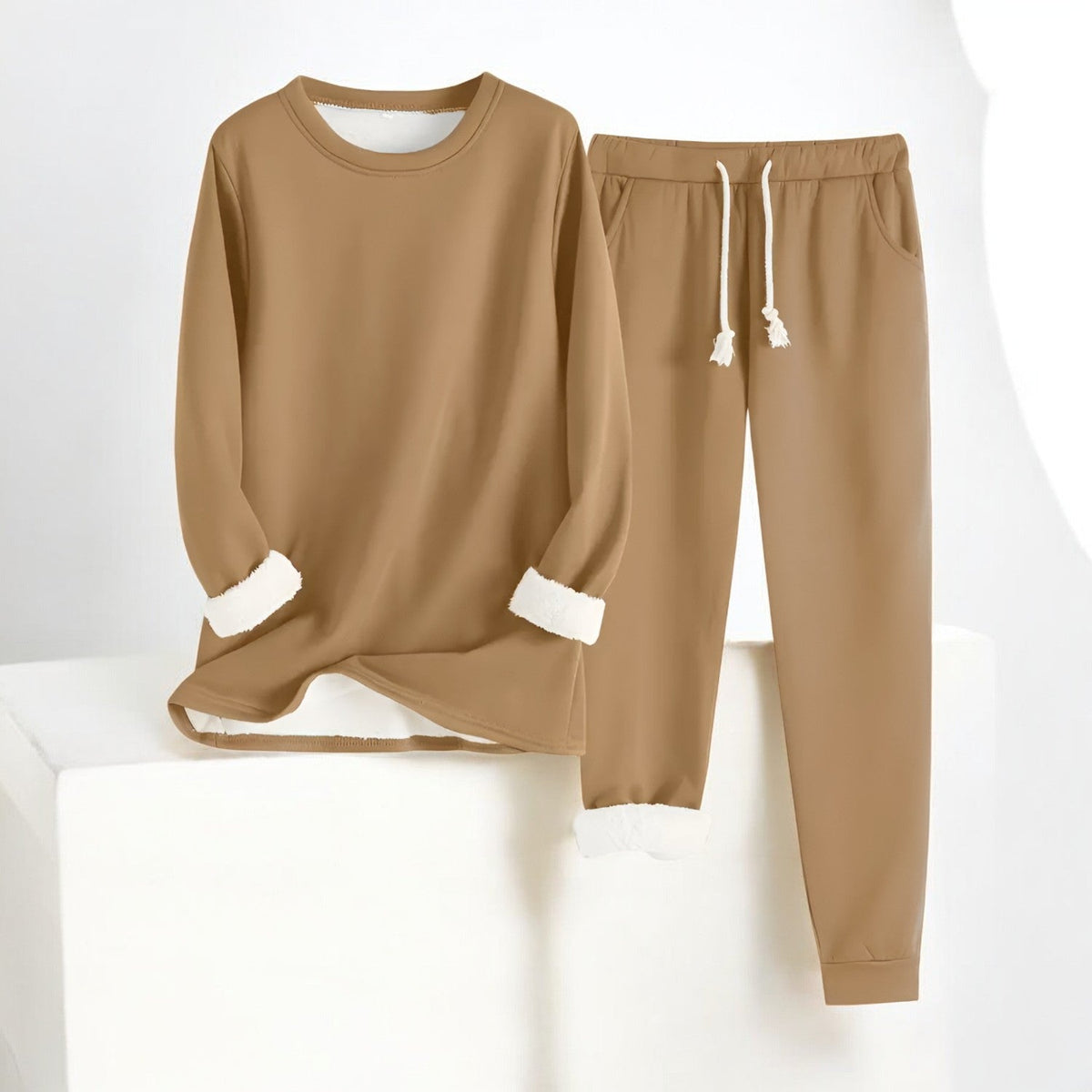 Long-sleeve crew neck sweatshirt and matching drawstring joggers with cuffed hems