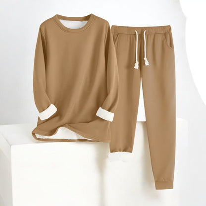Long-sleeve crew neck sweatshirt and matching drawstring joggers with cuffed hems