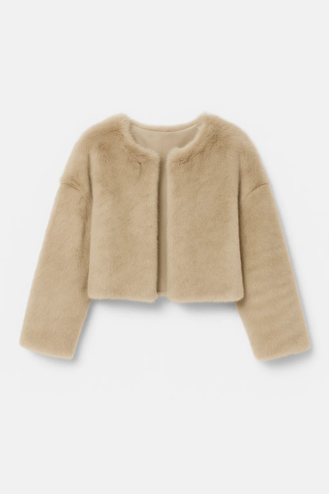 Women's short textured jacket shown in beige and black with long sleeves and an open front