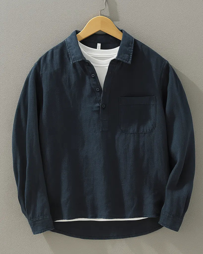 Men's long sleeve popover shirt with collar, button placket and chest pocket