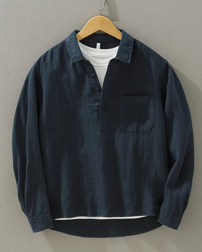 Men's long sleeve popover shirt with collar, button placket and chest pocket