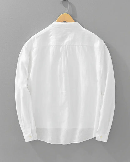 Men's long sleeve popover shirt with collar, button placket and chest pocket