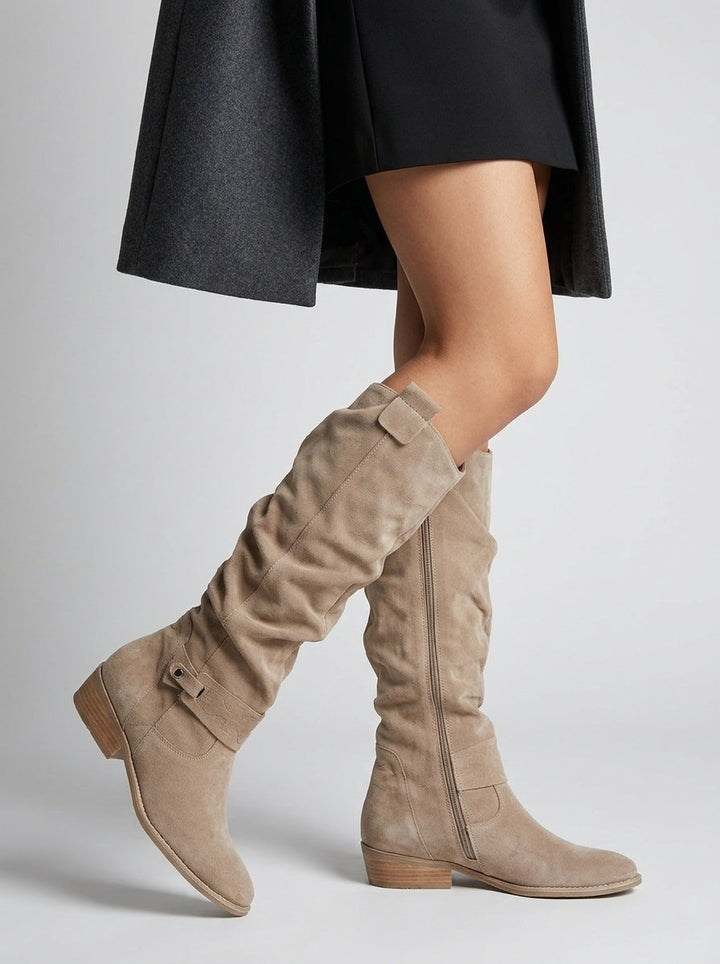 Women's knee-high boots with ruched shafts, side zips and low block heels