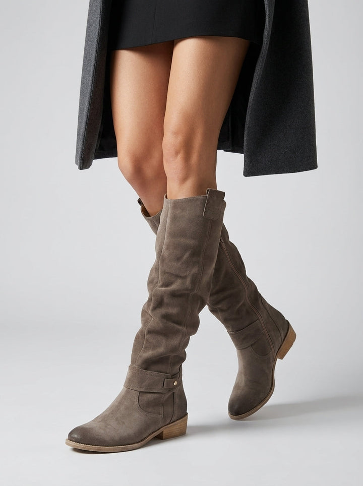 Women's knee-high boots with ruched shafts, side zips and low block heels