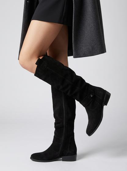Women's knee-high boots with ruched shafts, side zips and low block heels